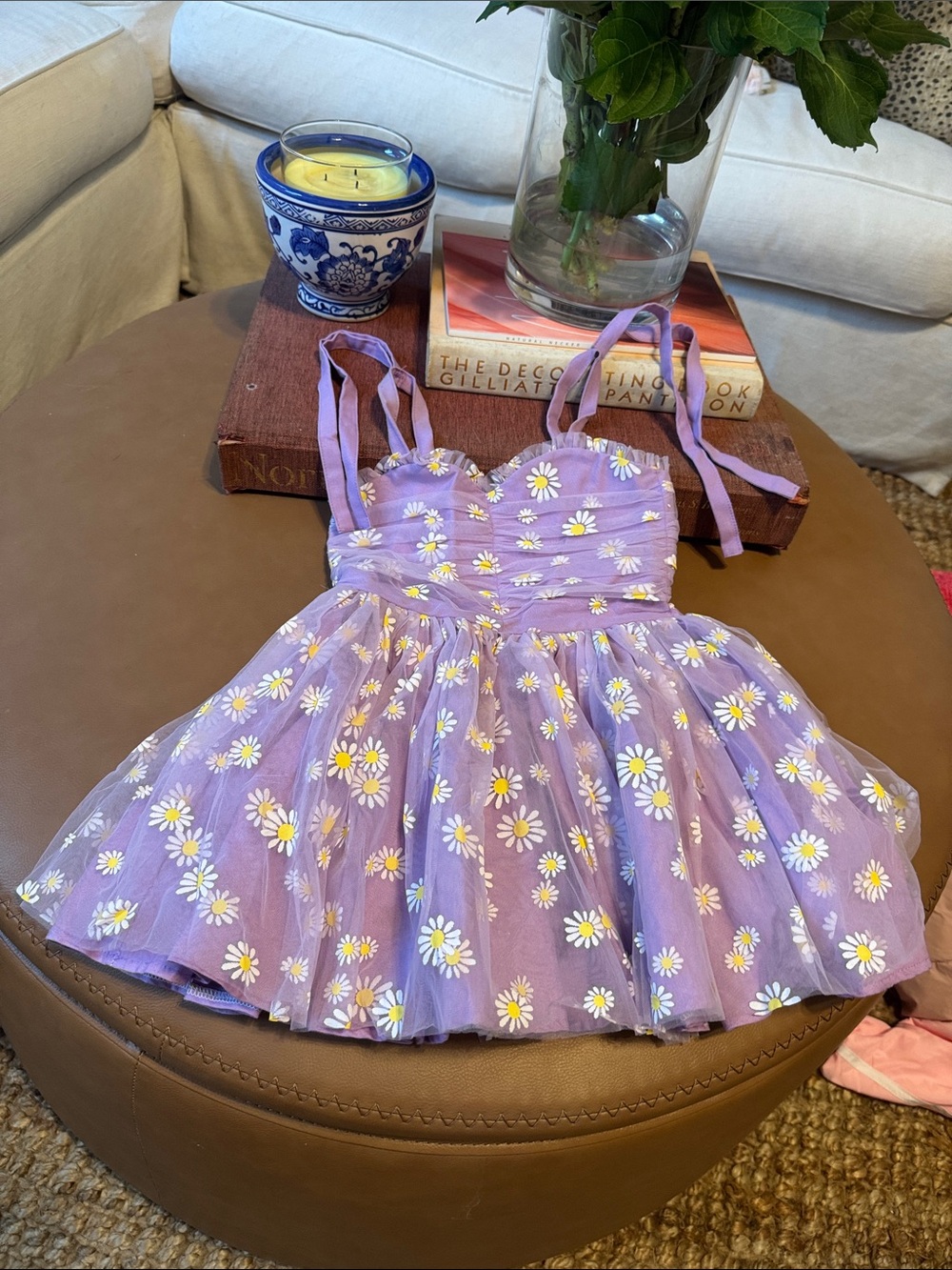 Girls Lavender Daisy Tulle Dress with Spaghetti Straps